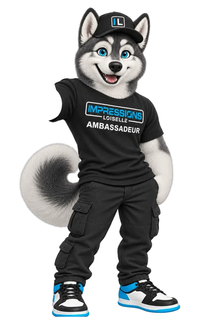 Balto, la mascotte husky d’Impressions Loiselle, ambassadeur, qui salue